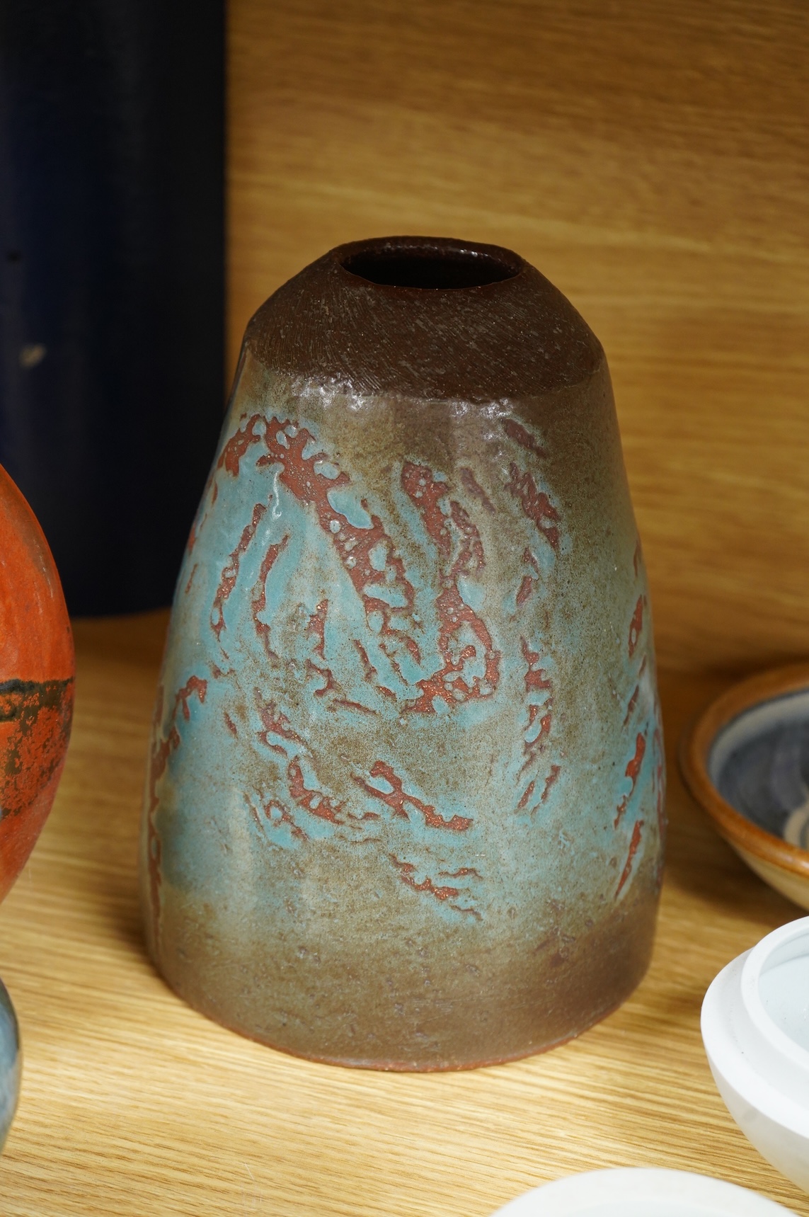 A collection of studio pottery to include crystalline glazed works by Stephen R Jones Des, Brighton, vases and a pair of dishes, largest 22cm high